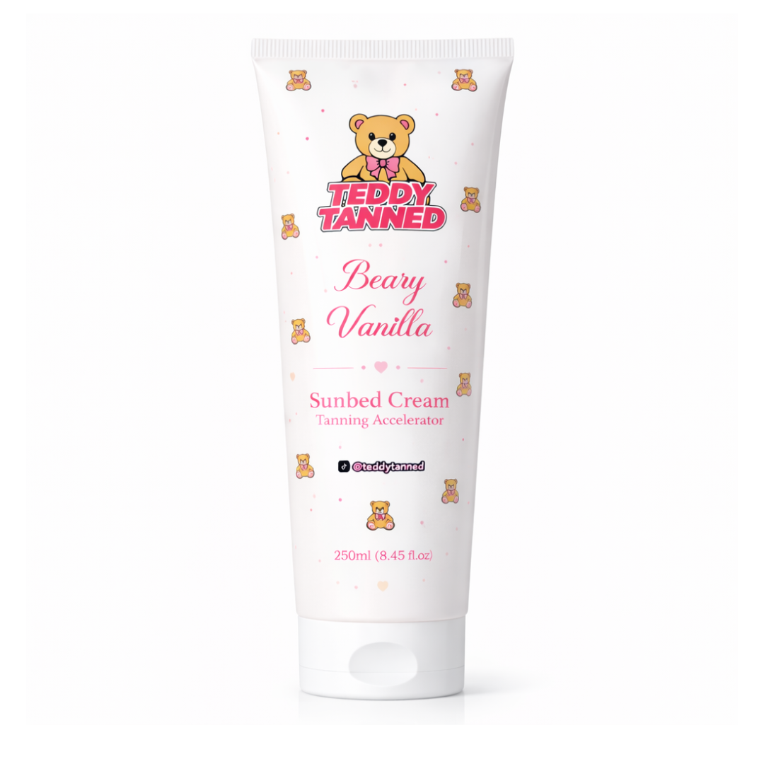 Teddy Tanned Beary Bundle - Sunbed Cream 250ml, Travel Size sunbed Cream 100ml, Lip Cover and Hair Bonnet