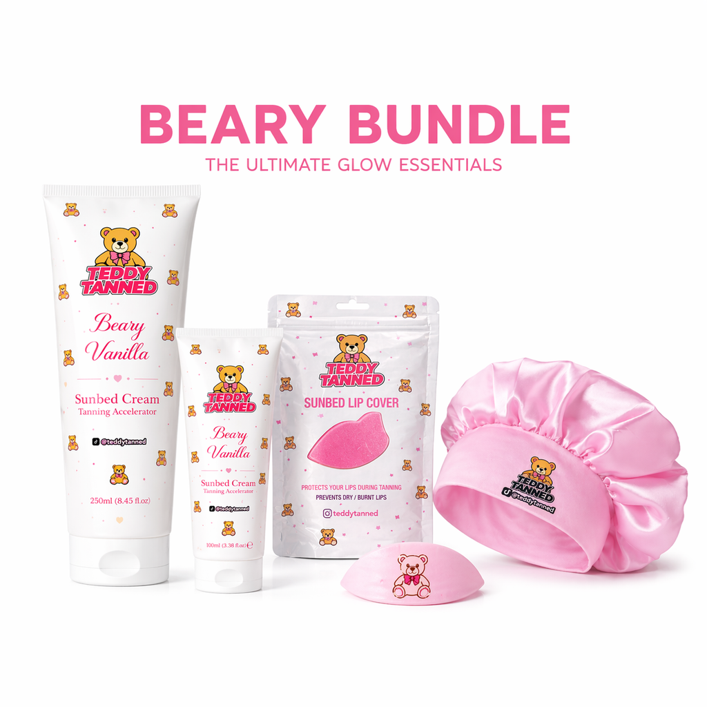 Teddy Tanned Beary Bundle - Sunbed Cream 250ml, Travel Size sunbed Cream 100ml, Lip Cover and Hair Bonnet